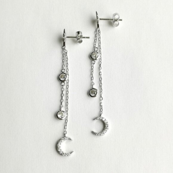 Sterling silver Crescent Moon dangle earrings cz 🆕 - Picture 1 of 6